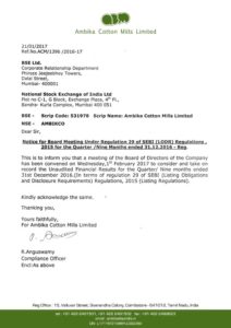 Notice for Board meeting on 01.02.2017