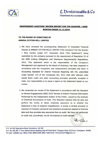 Auditors Repot Q3 FY16-17 Auditors Repot Q2 FY16-17