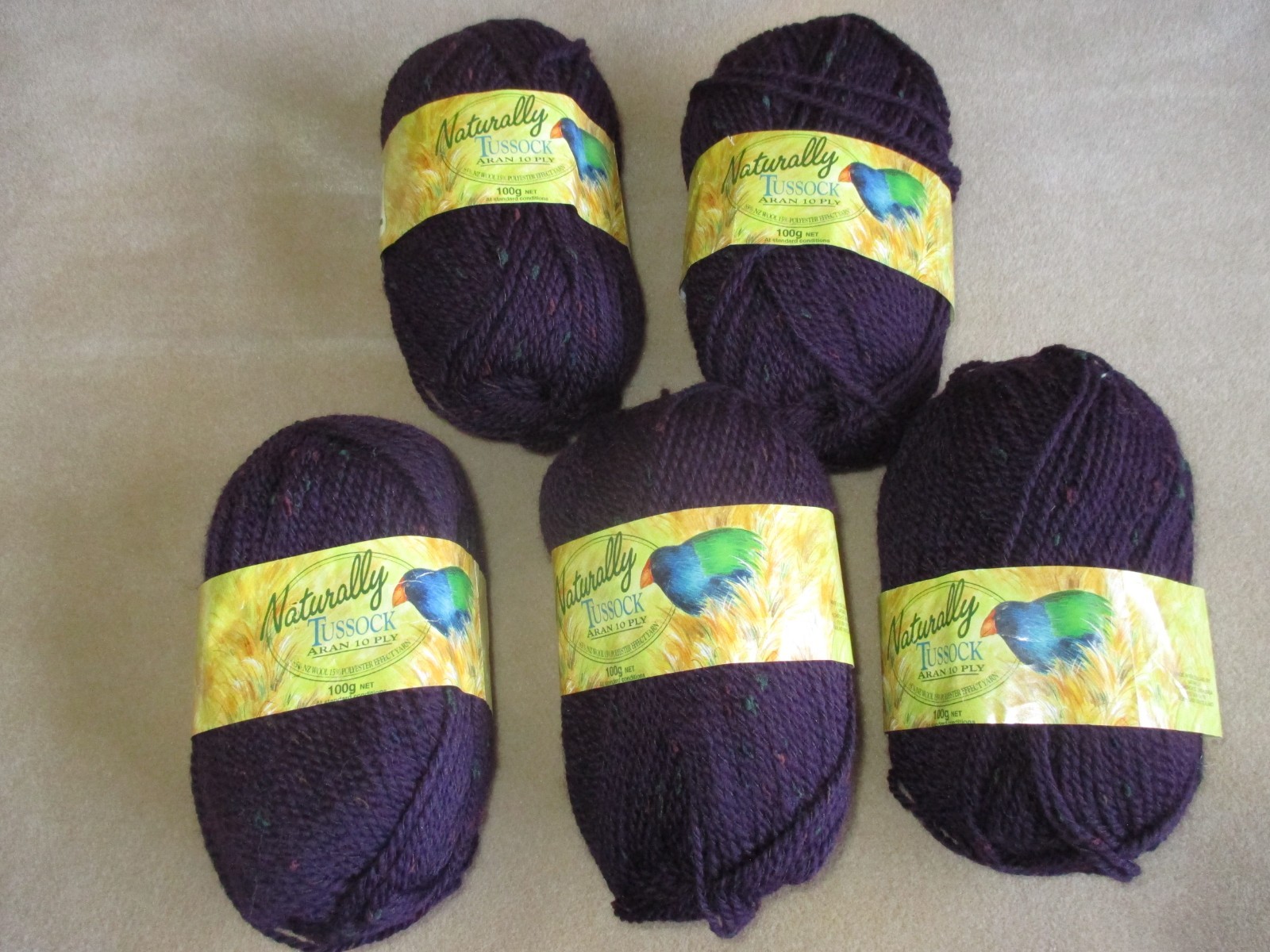 5 Skein Lot Yarn – Naturally Tussock Aran 10 Ply Purple 85% Wool New Zealand
