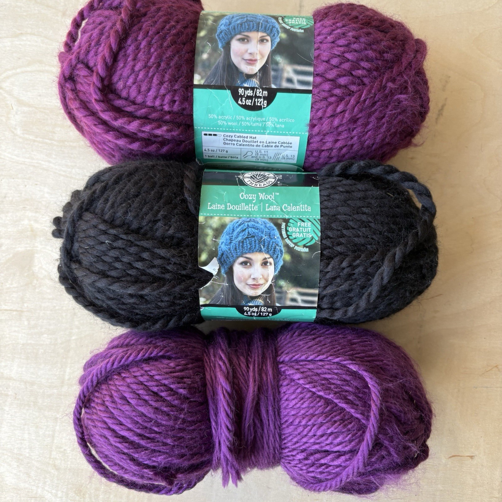 Loops & Threads Cozy 50% Wool Blend Yarn 90yds Multi Color Lot Of 3 Black Purple