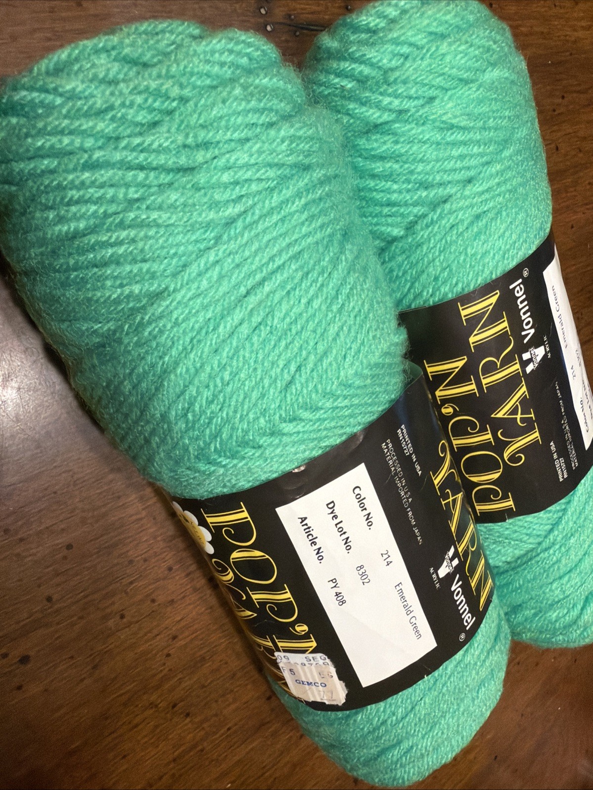 “POP’N Yarn Vonnel 4oz. 100% Acrylic EMERALD GREEN 2 Skeins Japan NOS