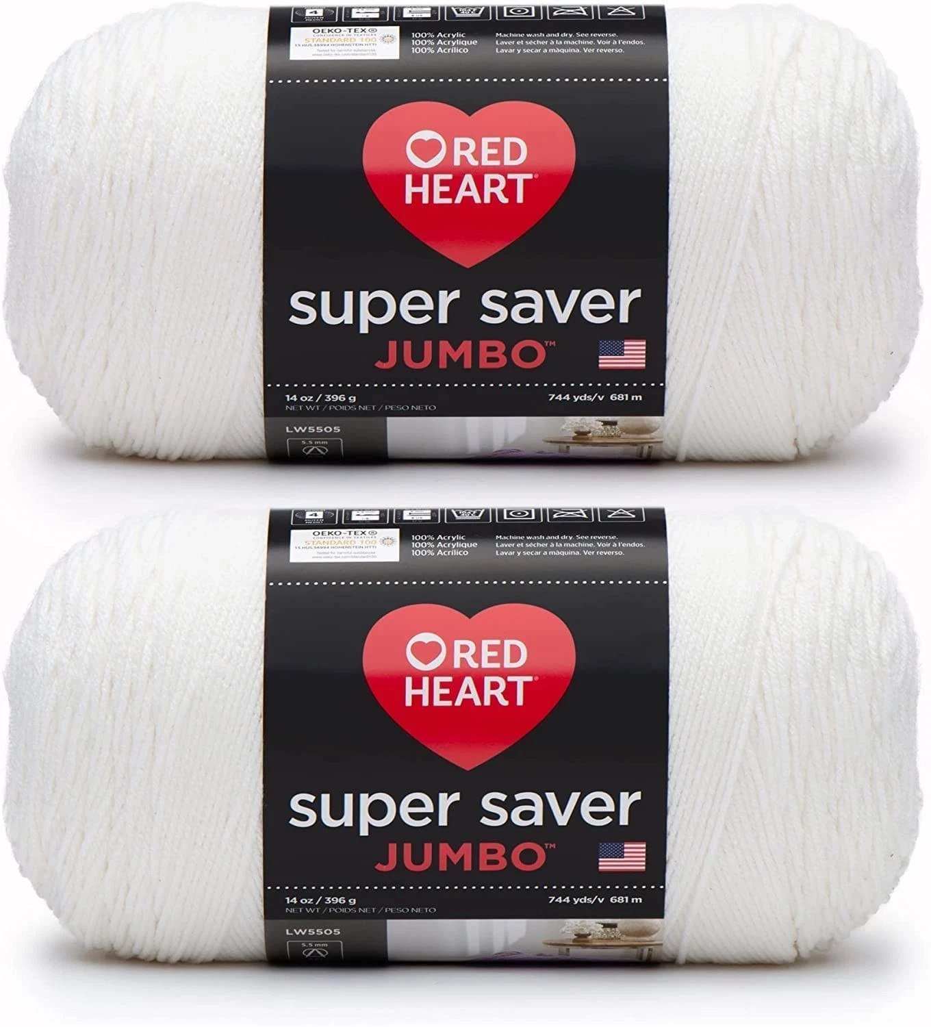 Super Saver Jumbo White Yarn – 2 Pack of 396g/14oz – Acrylic – 4 Medium (Worsted