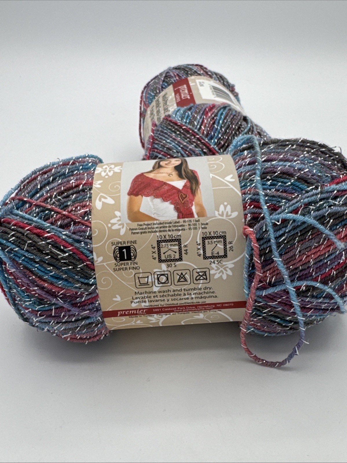 Lot of 2 Premier Yarns Wool-Free Lace Sea Sunset Metallic Yarn 448 Yds