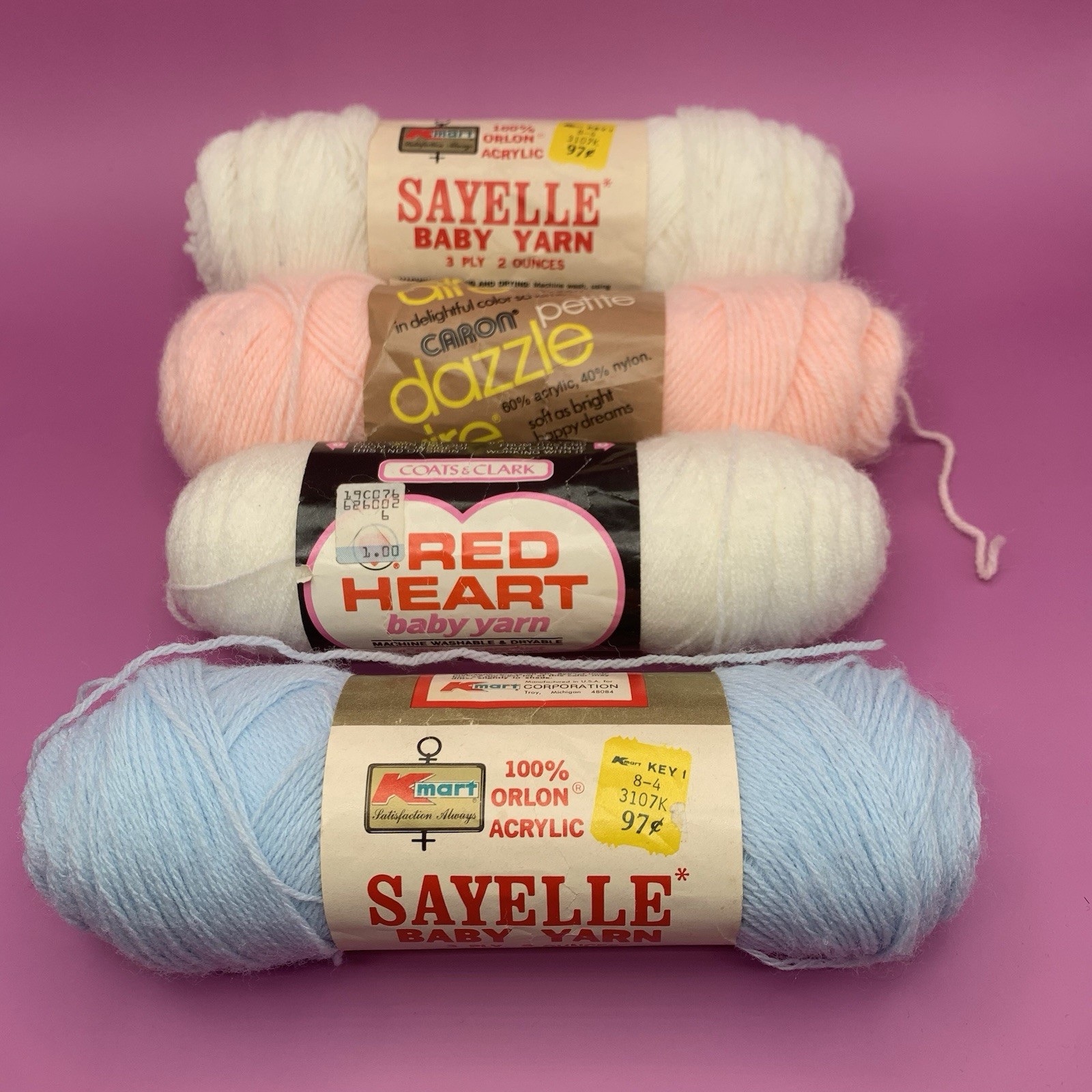 Vintage Yarn Lot 4 Skeins Baby Pink Blue White Sayelle Red Heart Caron Dazzle