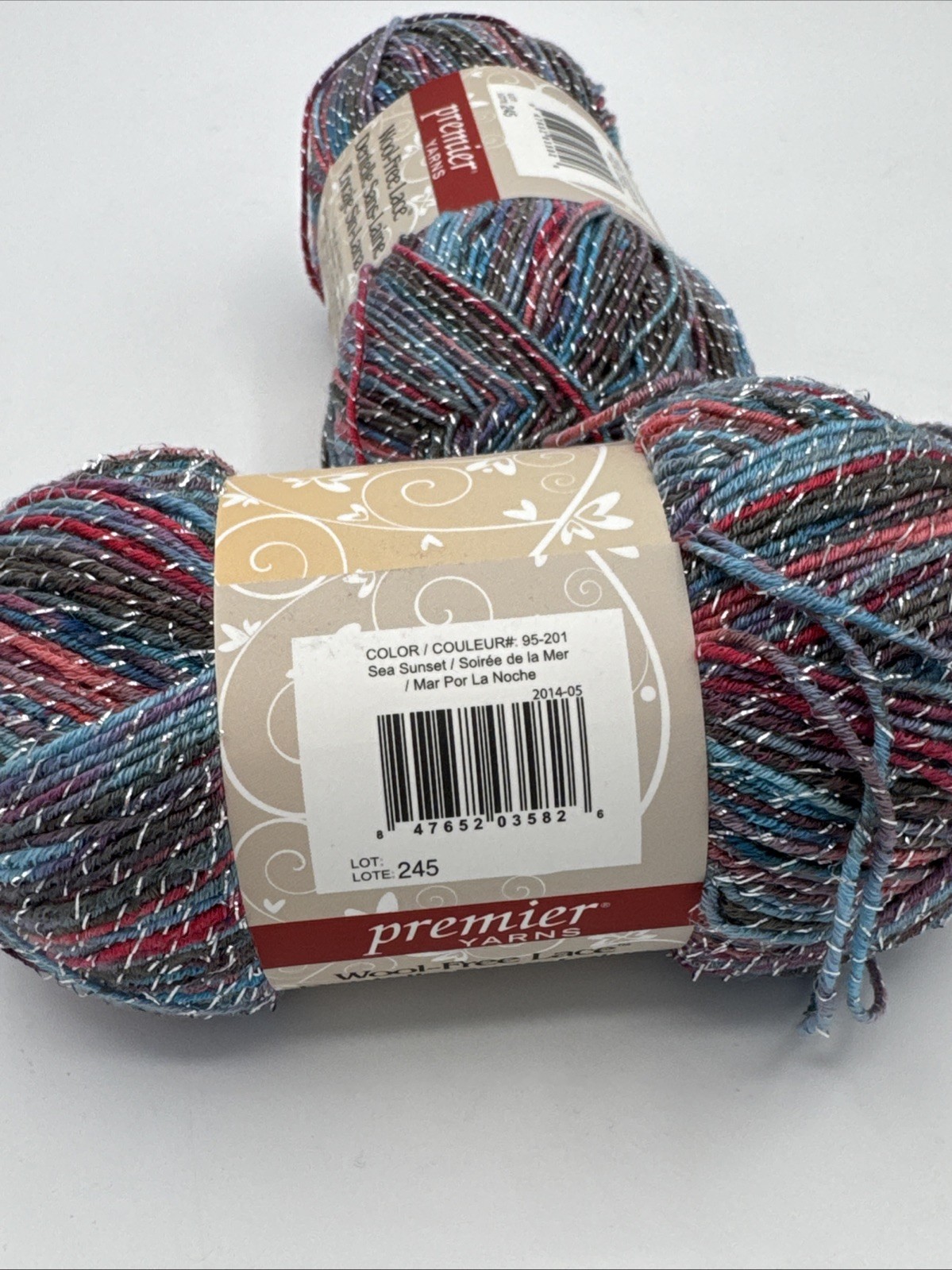 Lot of 2 Premier Yarns Wool-Free Lace Sea Sunset Metallic Yarn 448 Yds