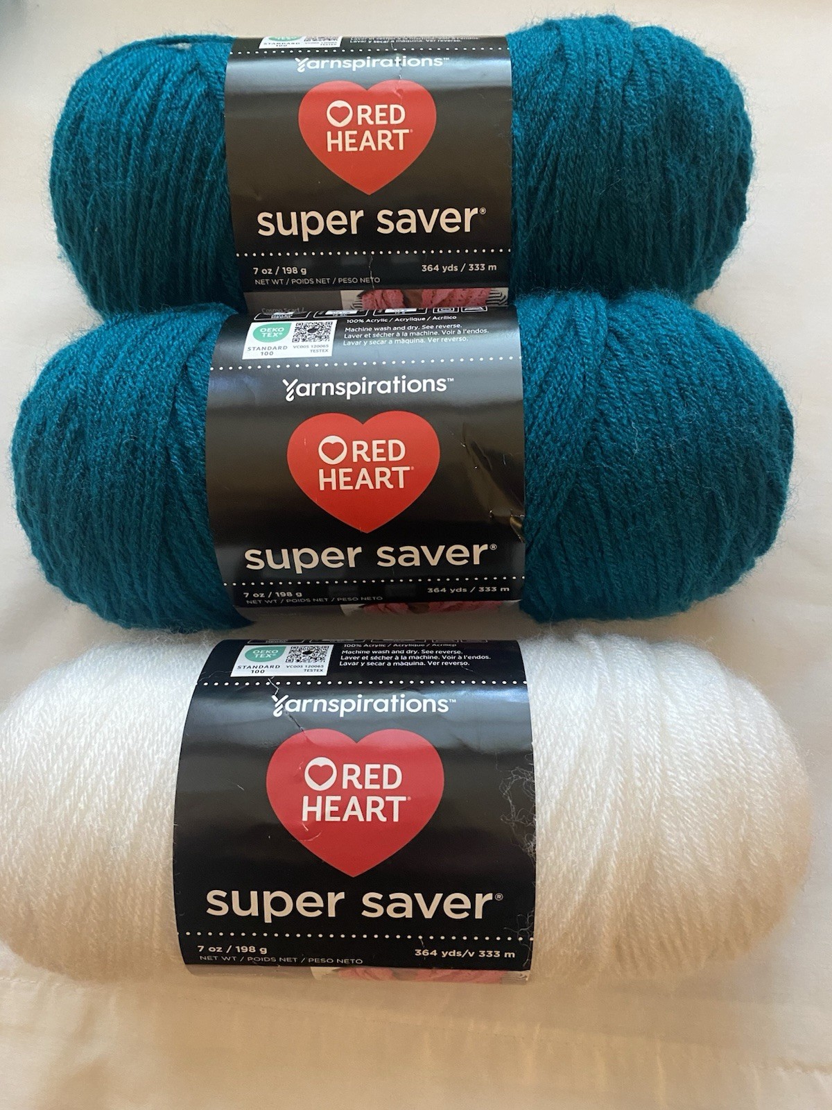 Red Heart Super Saver Lot of 2 Real Teal 1 White New 100% Acrylic 7oz Each Yarn