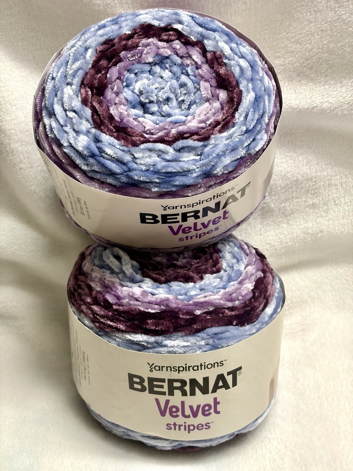 2 Balls Bernat Velvet Stripes Yarn 100% Polyester Blackberry Frost Color