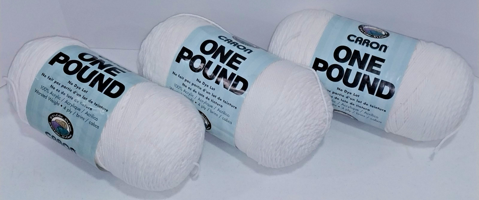 3 Skeins Bundle Lot of CARON ONE POUND Yarn White #0501, NEW 4-Ply, 100% Acrylic