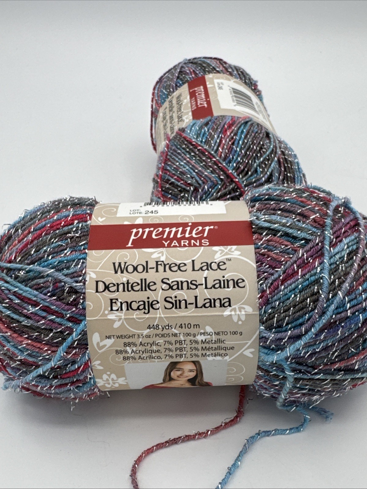 Lot of 2 Premier Yarns Wool-Free Lace Sea Sunset Metallic Yarn 448 Yds