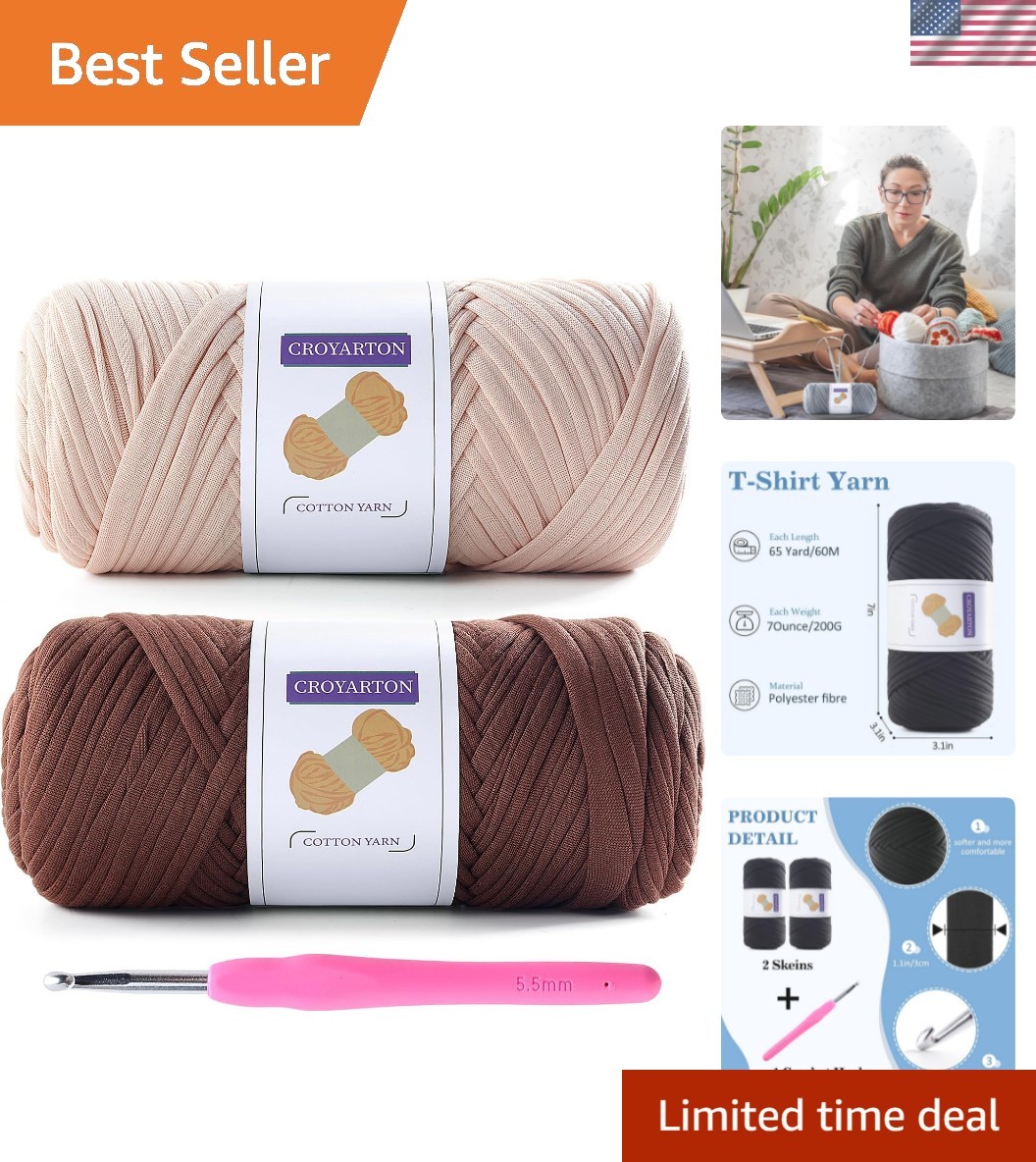 2 Pack T Shirt Yarn for Crocheting with 1 Crochet Hook, Elastic Tshirt Yarn f…