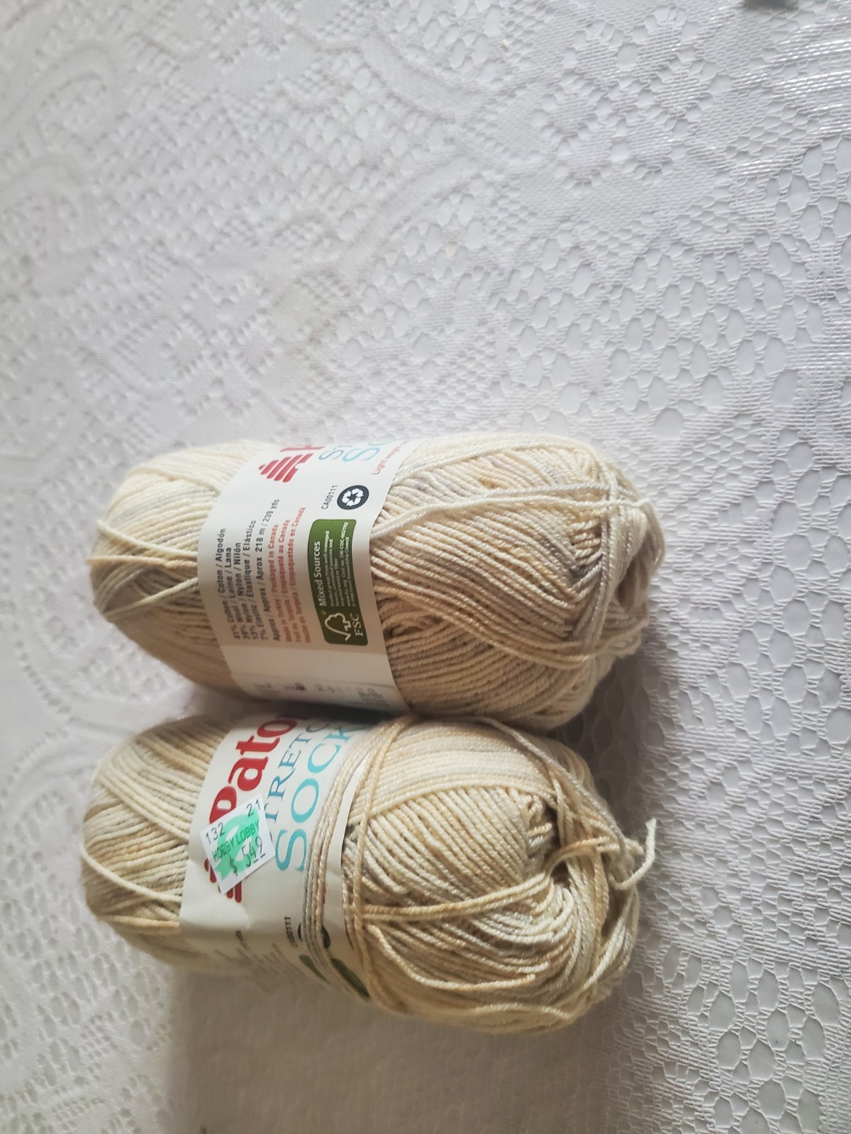 2 Skeins Patons Stretch Socks Yarn 1.75oz Cotton Wool Blend in Nougat color