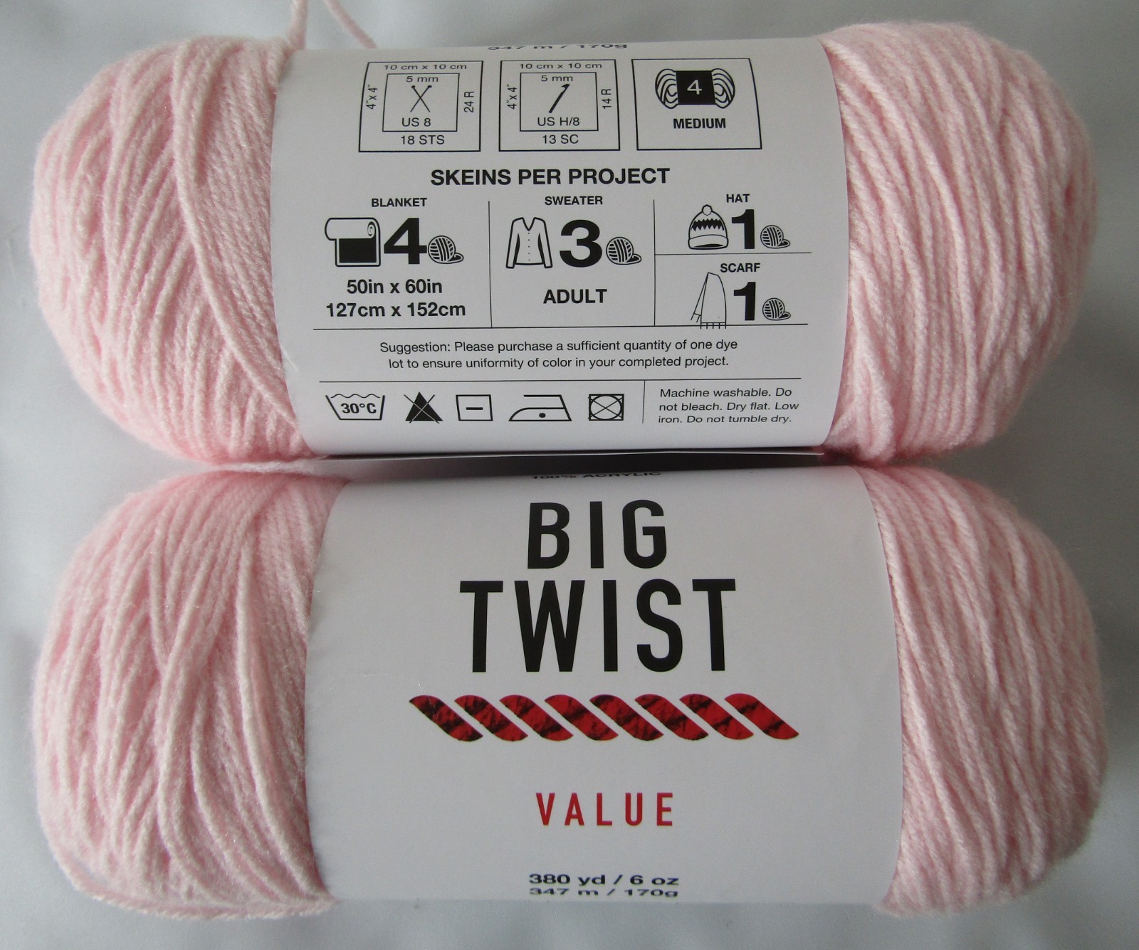 BIG TWIST Value Yarn Baby Pink Acrylic Yarn 380 Yards 6oz. #4 Worsted 2 Skeins